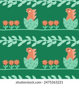 Childrens animals pattern of cute baby dinosaurs collection. For textile. Nursery design. Childrens dinosaurs background with tropical tree. Childish animals pattern, hand drawn elements.