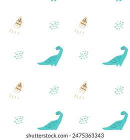 Childrens animals pattern of cute baby dinosaurs collection. For textile. Nursery design. Childrens dinosaurs background with tropical tree. Childish animals pattern, hand drawn elements.