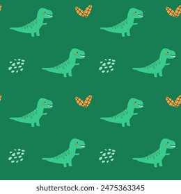 Childrens animals pattern of cute baby dinosaurs collection. For textile. Nursery design. Childrens dinosaurs background with tropical tree. Childish animals pattern, hand drawn elements.