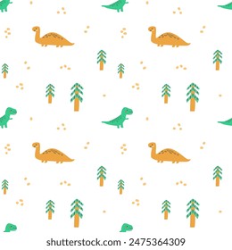 Childrens animals pattern of cute baby dinosaurs collection. For textile. Nursery design. Childrens dinosaurs background with tropical tree. Childish animals pattern, hand drawn elements.