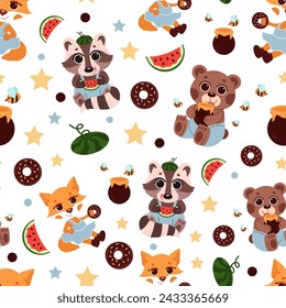  childrens animals pattern forest animals fox ,bear , raccoon and their treats on a white background