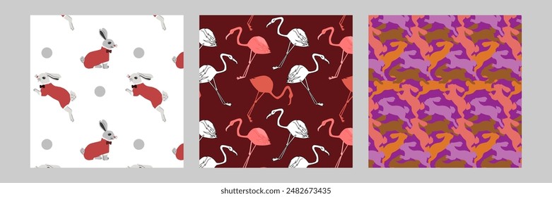 Childrens animals pattern set. Cute bunny and tropical bird in hand drawn childish style. Kids animals background in flat style. For textile, fabric design. Childrens cute endless pattern.