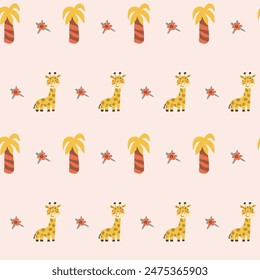 Childrens animals pattern with tropical plants. Childish cute print design with african animals and palm and hand drawn elements. Kids nursery scandinavian cartoon characters.