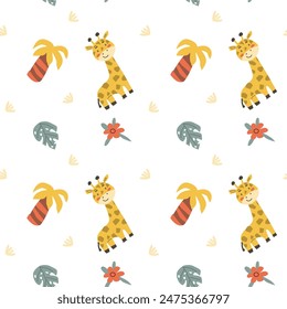 Childrens animals pattern with tropical plants. Childish cute print design with african animals and palm and hand drawn elements. Kids nursery scandinavian cartoon characters.
