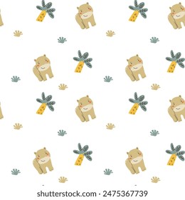 Childrens animals pattern with tropical plants. Childish cute print design with african animals and palm and hand drawn elements. Kids nursery scandinavian cartoon characters.