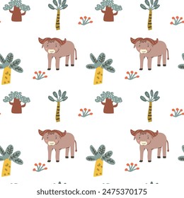 Kinder Tiere mit tropischen Pflanzen. Childish niedliches Print-Design mit afrikanischen Tieren und Handflächen und handgezeichneten Elementen. Skandinavische Zeichentrickfiguren im Kinderzimmer.