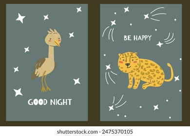 Childrens animals posters set. Nursery design. Cute baby african animals cards. Hand drawn wild pets posters collection.