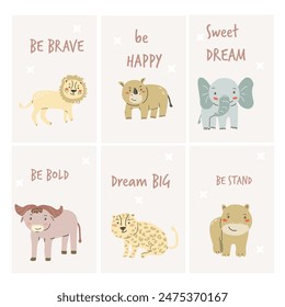Childrens animals posters set. Nursery design. Cute baby african animals cards. Hand drawn wild pets posters collection.