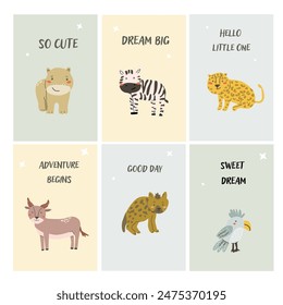 Childrens animals posters set. Nursery design. Cute baby african animals cards. Hand drawn wild pets posters collection.