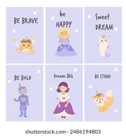 Childrens animals posters set. Nursery design. Cute baby fairy animals and princess cards. Hand drawn wild pets, knight posters collection.