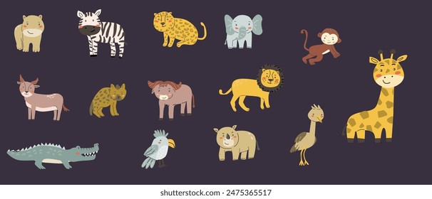 Niños animales establecidos. Elefante africano, león, rinoceronte, mono, cebra, leopardo, hiena y otros animales tropicales lindos. Colección de personajes infantiles con caras lindas.