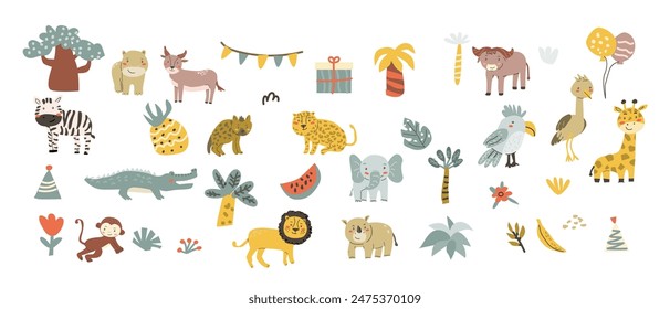 Niños animales establecidos. Elefante africano, león, rinoceronte, mono, cebra, leopardo, hiena y otros animales tropicales lindos. Colección de personajes infantiles con plantas - palmera, flores, frutas.