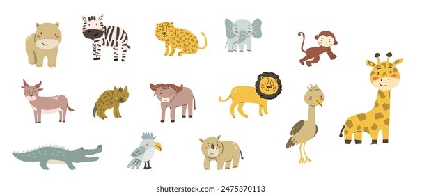 Childrens animals set. African elephant, lion, rhinoceros, monkey, zebra, leopard, hyena and other cute tropical animals. Collection of childish characters with cute faces.