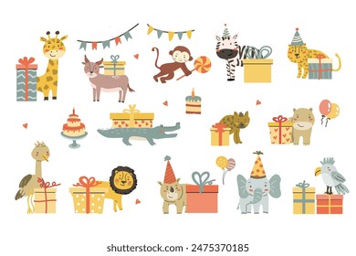 Childrens animals set. Cute african animals collection with gifts. little wild pets for Childish postcard. Celebration tropical characters with presents and cakes. Animals party set.