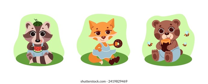 childrens animals set a fox, a bear, a raccoon in a clearing eating their favorite food