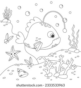 Childrens antistress coloring book with various fish, seabed and algae. Underwater life of angler fish. Vector stock illustration. Outline illustration of underwater life and marine animals. 