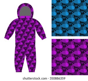 Childrens apparel template. Jumpsuit with pattern of fish. 3D background of marine, ocean animal. Options for textures fabric for kids: blue and purple.
