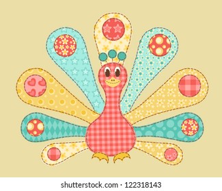 Children's application. Peacock. Patchwork series. Vector illustration.