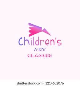Childrens art classes gradient lettering logo. Art school, kids studio logo with hand drawn font on light pink background. Pink and violet metal broken pencil tip. Isolated vector logotype design