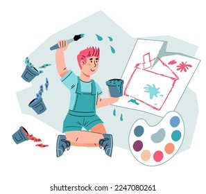 Children's art therapy and creative education, flat vector illustration isolated on white background. Development and education of children through art. Creative child draws.