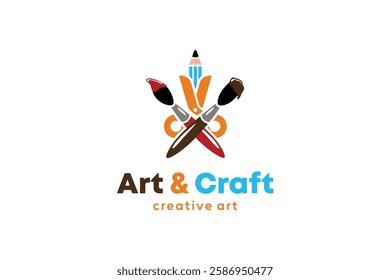 Children's arts and crafts logo with icon symbols of scissors and painting tools