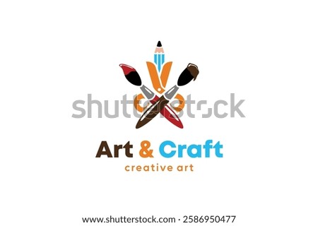Children's arts and crafts logo with icon symbols of scissors and painting tools