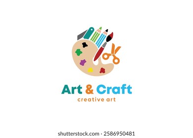 Children's arts and crafts logo with pencil knife, scissors and painting tools icon symbols