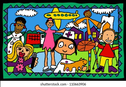 children's artwork of what they want to be when they grow up, different career choices