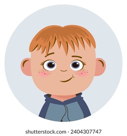 Children's avatar in a circle for social networks. Cute cartoon boy face, big eyes, red hair, smiling emotions. Vector illustration on white background