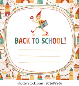 Children's 'back to school' background with houses and the fairytale boy with place for text. Hand drawn vector illustration.