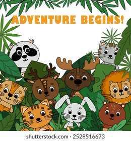 Children's background with animals. Cute animals in leaves. Jungle. Vector illustration in flat style.