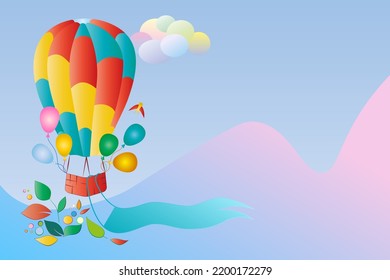 children's background with balloon, leaves and multicolored clouds with gradient fill