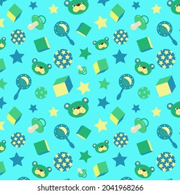 A children's background with a bear, a pacifier, a rattle, a ball, a box and stars is well suited for textiles, packaging, packaging paper. The background is made in green tones and is well suited for