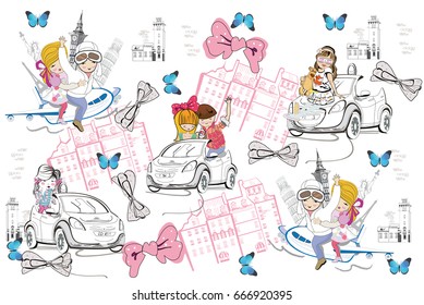 Children's background with boys and girls on cars, sights and houses, butterflies and bows. Cartoon style. Hand drawn vector illustration.