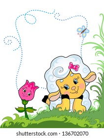 Children's background. Cute sheep lying on the grass. She's smiling flower. Butterfly flies near the lamb. You can insert text.