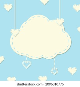 Children's background with the image of a cloud stitched with threads hanging on the strings. 3 D. Vector illustration.