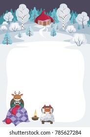 Children's background with the image of funny forest animals and winter landscape. 