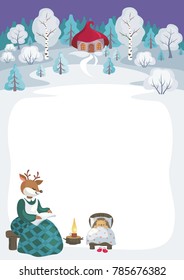 Children's background with the image of funny forest animals and winter landscape. 