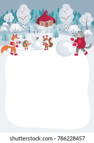 Children's background with the image of funny forest animals and winter landscape. 