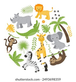 Children's background. Jungle animals and plants in a circle. Vector illustration in a flat style.