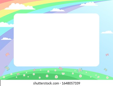 children's background, lawn with flowers and butterflies, in the blue sky the sun and the rainbow. The template for the ad, diploma, certificate, brochure, frame. Vector illustration