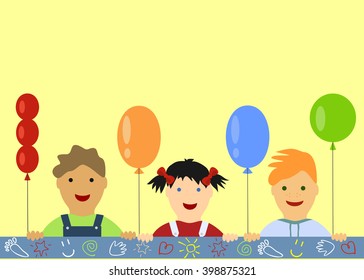 children's background with peeking boys and girl and balloons