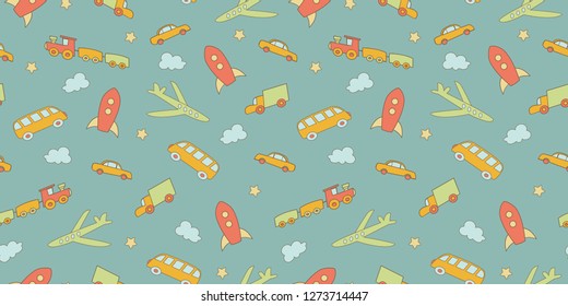 Children's background. Seamless border with different types of transport. Pattern can be used as a background for the websites, packing, fabrics, wallpapers. Vector illustration on a blue background