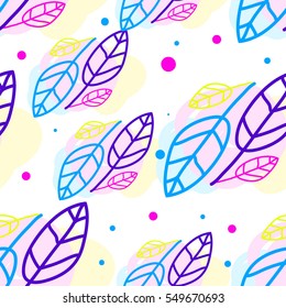 Children's background, seamless pattern, doodle leaves, turquoise, purple and yellow. Good for kids background, Valentine's Day, birthday, party, cards and wrapping paper.