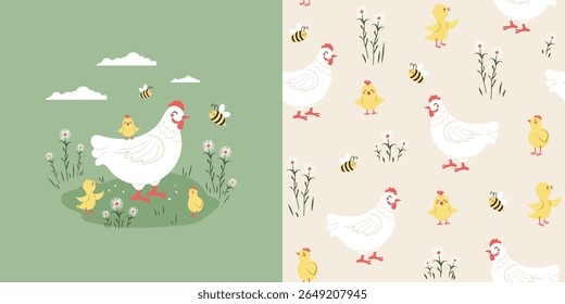 Children's background and seamless pattern with funny chickens and a mother hen. Vector design for fabric, wallpaper, wrapping paper, and more.