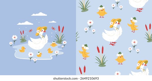 Children's background and seamless pattern with funny goslings and a mother goose in a hat. Vector design for fabric, wallpaper, wrapping paper, and more.