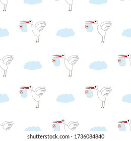 Children's background. Stork with a baby in the clouds. Template. Illustration.