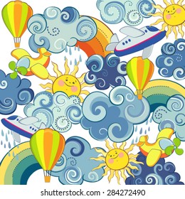 Children's background with sun,clouds,airplanes and balloons