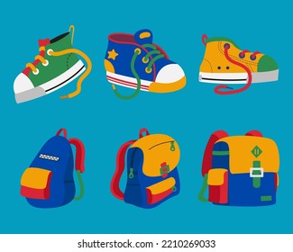 Children's backpack and shoes vector illustration collection