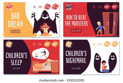 Childrens bad dreams, fears and nightmares. Scared by terrible black monsters and zombies kids in bed dont sleep at night. Vector illustrations. Landing page templates